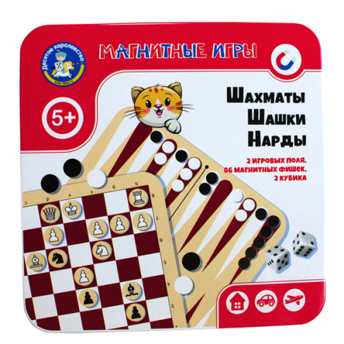 Игра магнитная в жестяной коробочке "Шахматы, шашки, нарды" фото в интернет-магазине Glasker